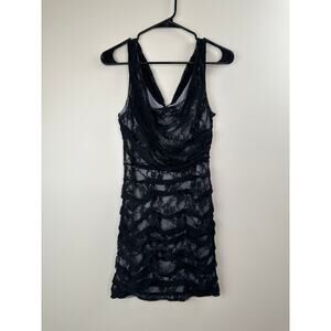 Vintage Express Lace Overlay Black Silver Ruched Sheath Dress
